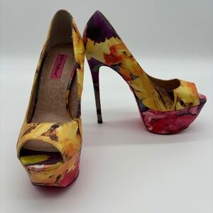 Betsey Johnson Bridgett Heels 8M Floral Fabric Platform Peep Toe Stiletto Pumps